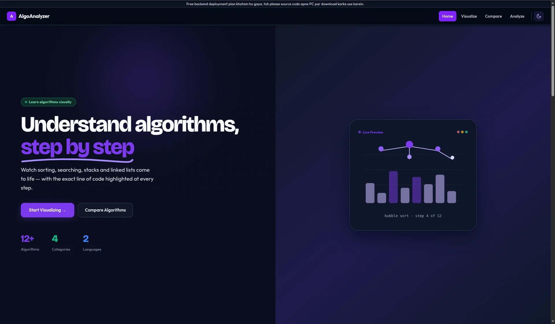 AlgoAnalyzer - Full-stack built by SoberDev using React, Express, Visualizer